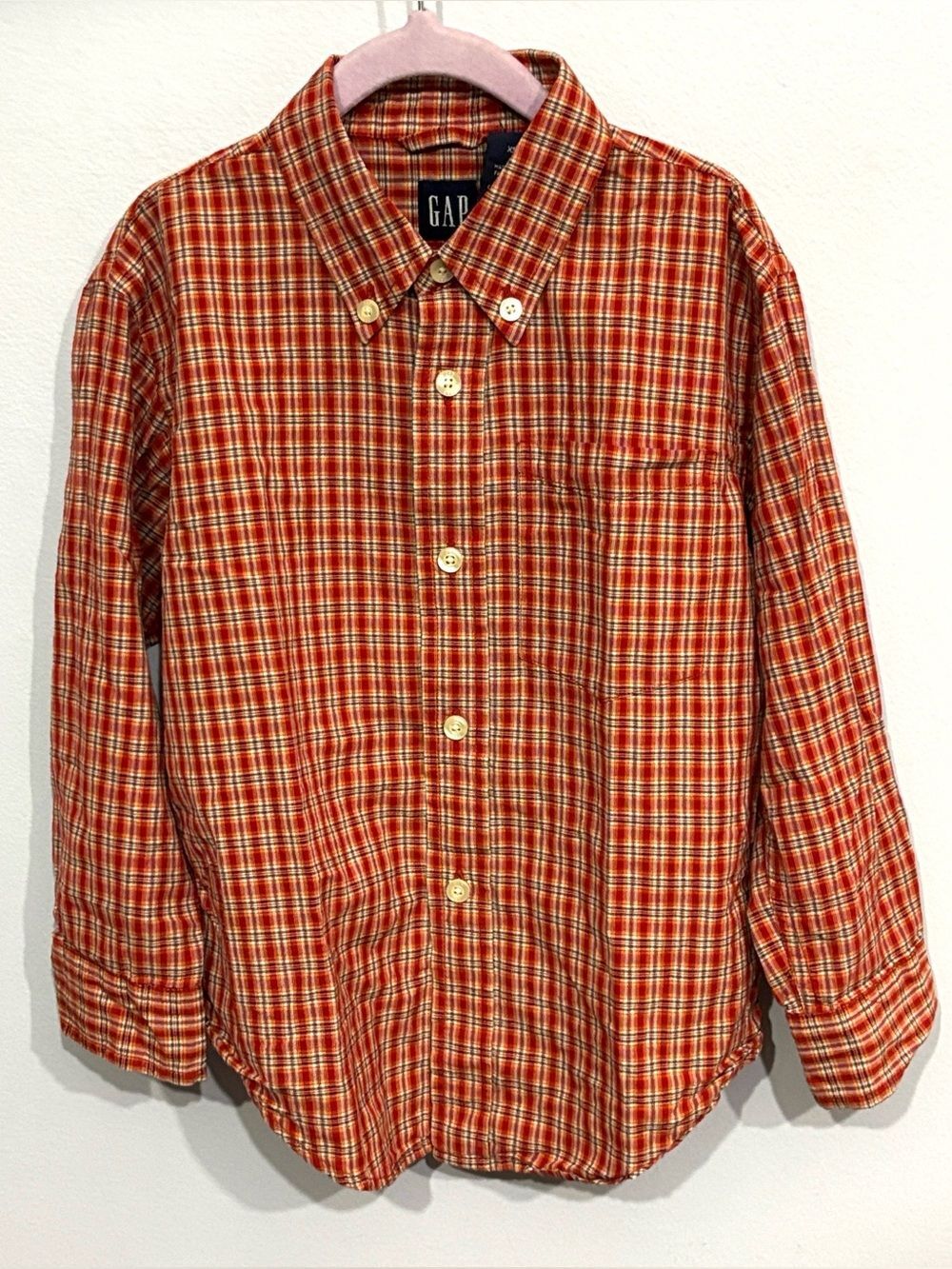 Vintage GAP Kids Orange-Red Plaid Cotton Button-Up Dress Shirt Size Boys XS 4